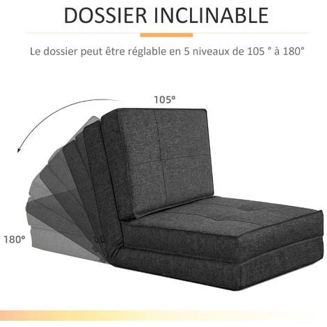 HOMCOM Chauffeuse - Matelas D'appoint Pliant - Fauteuil Convertible - Inclinaison Dossier Réglable 5 Positions - Tissu Polyester Aspect Lin Gris - Gris 7 HOMCOM Chauffeuse - Matelas D'appoint Pliant - Fauteuil Convertible - Inclinaison Dossier Réglable 5 Positions - Tissu Polyester Aspect Lin Gris - Gris – Image 5