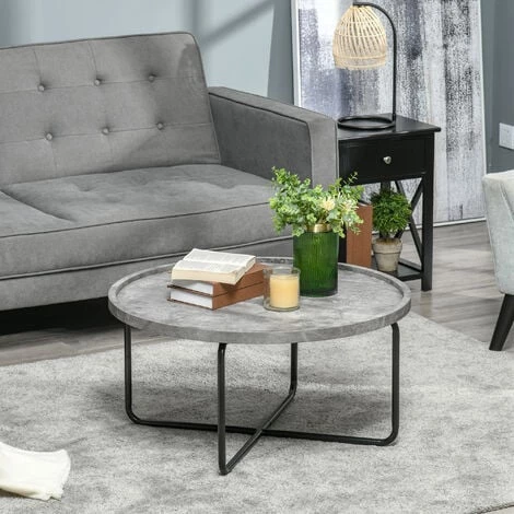 HOMCOM Table Basse Ronde Design Dim. Ø 80 X 41H Cm Piètement Croisé Métal Noir Plateau MDF Effet Béton Ciré - Gris 4 HOMCOM Table Basse Ronde Design Dim. Ø 80 X 41H Cm Piètement Croisé Métal Noir Plateau MDF Effet Béton Ciré - Gris – Image 2