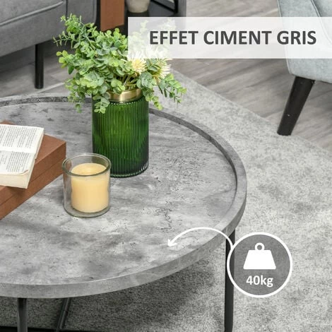 HOMCOM Table Basse Ronde Design Dim. Ø 80 X 41H Cm Piètement Croisé Métal Noir Plateau MDF Effet Béton Ciré - Gris 6 HOMCOM Table Basse Ronde Design Dim. Ø 80 X 41H Cm Piètement Croisé Métal Noir Plateau MDF Effet Béton Ciré - Gris – Image 4