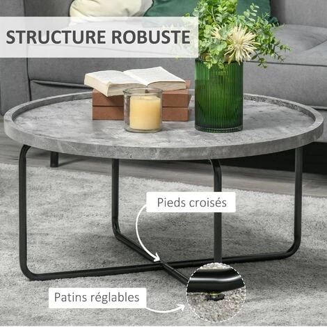 HOMCOM Table Basse Ronde Design Dim. Ø 80 X 41H Cm Piètement Croisé Métal Noir Plateau MDF Effet Béton Ciré - Gris 7 HOMCOM Table Basse Ronde Design Dim. Ø 80 X 41H Cm Piètement Croisé Métal Noir Plateau MDF Effet Béton Ciré - Gris – Image 5