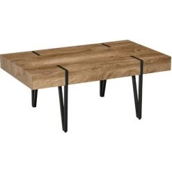 HOMCOM Table Basse Rectangulaire Style Industriel Piètement épingle Métal Noir Plateau Aspect Ancien Bastaing Bois - Marron