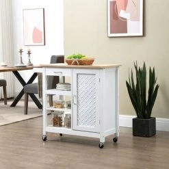 HOMCOM Desserte De Cuisine Style Contemporain - Porte, Tiroir, 3 étagères - Poignées Métal MDF Blanc Plateau Bois Pin - Blanc -France HOMCOM Soldes 2022 52476515 4