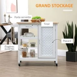 HOMCOM Desserte De Cuisine Style Contemporain - Porte, Tiroir, 3 étagères - Poignées Métal MDF Blanc Plateau Bois Pin - Blanc -France HOMCOM Soldes 2022 52476515 5