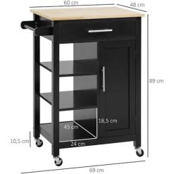 HOMCOM Desserte De Cuisine Style Contemporain - Porte, Tiroir, 3 étagères - Poignées Métal MDF Noir Plateau Bois Hévéa - Noir -France HOMCOM Soldes 2022 52476517 3