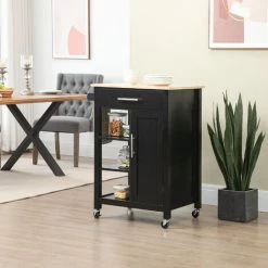 HOMCOM Desserte De Cuisine Style Contemporain - Porte, Tiroir, 3 étagères - Poignées Métal MDF Noir Plateau Bois Hévéa - Noir -France HOMCOM Soldes 2022 52476517 4