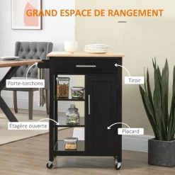 HOMCOM Desserte De Cuisine Style Contemporain - Porte, Tiroir, 3 étagères - Poignées Métal MDF Noir Plateau Bois Hévéa - Noir -France HOMCOM Soldes 2022 52476517 5