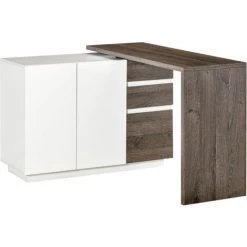 HOMCOM Bureau D'angle Bureau Informatique Multimédia Multi-rangement Modulable 2 Portes 3 Tiroirs MDF Blanc Aspect Bois Brun Foncé