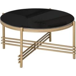 HOMCOM Table Basse Ronde Design Style Art Déco Ø 85 X 41H Cm Plateau Verre Trempé Noir Châssis Piètement Croisé Métal Doré - Noir