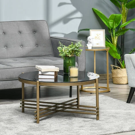 HOMCOM Table Basse Ronde Design Style Art Déco Ø 85 X 41H Cm Plateau Verre Trempé Noir Châssis Piètement Croisé Métal Doré - Noir 4 HOMCOM Table Basse Ronde Design Style Art Déco Ø 85 X 41H Cm Plateau Verre Trempé Noir Châssis Piètement Croisé Métal Doré - Noir – Image 2