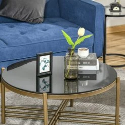 HOMCOM Table Basse Ronde Design Style Art Déco Ø 85 X 41H Cm Plateau Verre Trempé Noir Châssis Piètement Croisé Métal Doré - Noir 10 HOMCOM Table Basse Ronde Design Style Art Déco Ø 85 X 41H Cm Plateau Verre Trempé Noir Châssis Piètement Croisé Métal Doré - Noir -France HOMCOM Soldes 2022 52476524 4