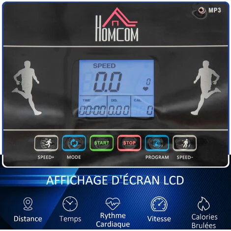 HOMCOM Tapis De Course électrique Pliable 1-12Km/h 400W Grand écran LED Multifonction 12 Programmes Clé Sécurité Acier ABS Noir Blanc 7 HOMCOM Tapis De Course électrique Pliable 1-12Km/h 400W Grand écran LED Multifonction 12 Programmes Clé Sécurité Acier ABS Noir Blanc – Image 5