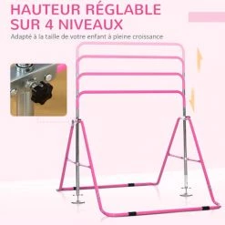 HOMCOM Barre Fixe De Gymnastique Enfant - Barre De Gymnastique Pliable Hauteur Réglable 4 Niv. 88 à 128 Cm - Acier Rose - Rose -France HOMCOM Soldes 2022 53591942 5