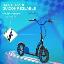 HOMCOM Trottinette Patinette Enfant Grandes Roues Pneumatiques Guidon Réglable Frein AV-AR Garde-boue Béquille Acier Noir Bleu -France HOMCOM Soldes 2022 53591944 5