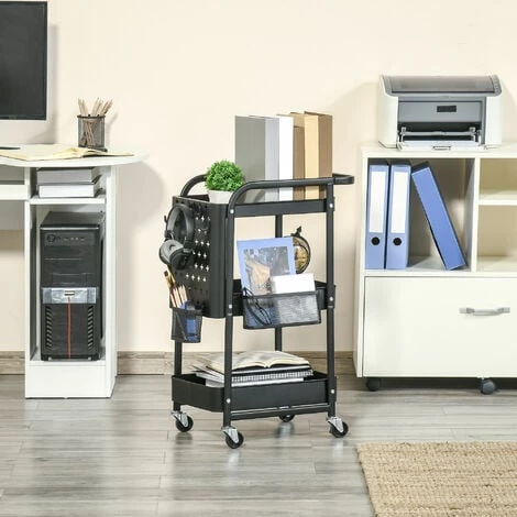 HOMCOM Desserte Chariot De Rangement En Métal à Roulettes 3 Niveaux Avec 2 Range-couverts 4 Crochets Dim.51,5L X 32l X 75,6H Cm - Noir 4 HOMCOM Desserte Chariot De Rangement En Métal à Roulettes 3 Niveaux Avec 2 Range-couverts 4 Crochets Dim.51,5L X 32l X 75,6H Cm - Noir – Image 2