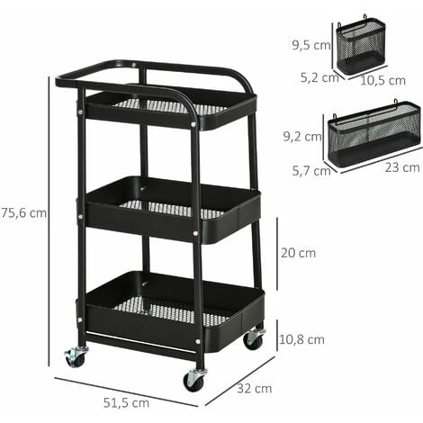 HOMCOM Desserte Chariot De Rangement En Métal à Roulettes 3 Niveaux Avec 2 Range-couverts 4 Crochets Dim.51,5L X 32l X 75,6H Cm - Noir 5 HOMCOM Desserte Chariot De Rangement En Métal à Roulettes 3 Niveaux Avec 2 Range-couverts 4 Crochets Dim.51,5L X 32l X 75,6H Cm - Noir – Image 3