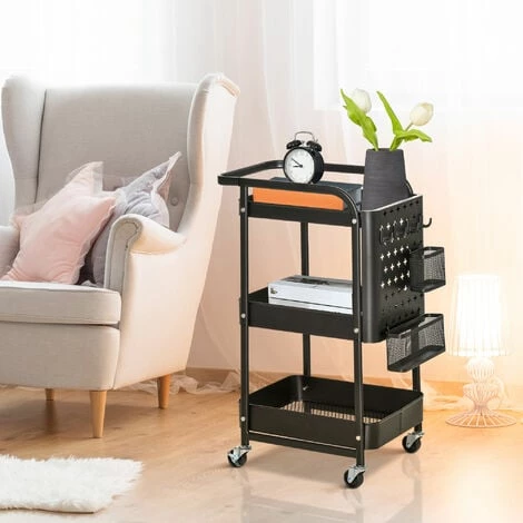 HOMCOM Desserte Chariot De Rangement En Métal à Roulettes 3 Niveaux Avec 2 Range-couverts 4 Crochets Dim.51,5L X 32l X 75,6H Cm - Noir 6 HOMCOM Desserte Chariot De Rangement En Métal à Roulettes 3 Niveaux Avec 2 Range-couverts 4 Crochets Dim.51,5L X 32l X 75,6H Cm - Noir – Image 4