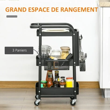 HOMCOM Desserte Chariot De Rangement En Métal à Roulettes 3 Niveaux Avec 2 Range-couverts 4 Crochets Dim.51,5L X 32l X 75,6H Cm - Noir 7 HOMCOM Desserte Chariot De Rangement En Métal à Roulettes 3 Niveaux Avec 2 Range-couverts 4 Crochets Dim.51,5L X 32l X 75,6H Cm - Noir – Image 5