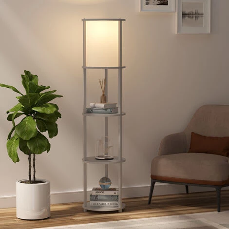 HOMCOM Lampadaire Design Contemporain 3 étagères Intégrées 40 W Max. Dim. Ø 35 X 154H Cm Pin Gris Effet Vieilli Abat-jour Polyester Coton Blanc - Gris 4 HOMCOM Lampadaire Design Contemporain 3 étagères Intégrées 40 W Max. Dim. Ø 35 X 154H Cm Pin Gris Effet Vieilli Abat-jour Polyester Coton Blanc - Gris – Image 2