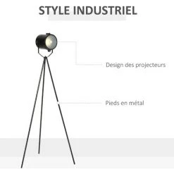 HOMCOM Lampadaire Trépied Style Industriel Orientation Projecteur Réglable Métal Noir - Noir 10 HOMCOM Lampadaire Trépied Style Industriel Orientation Projecteur Réglable Métal Noir - Noir -France HOMCOM Soldes 2022 53591995 4