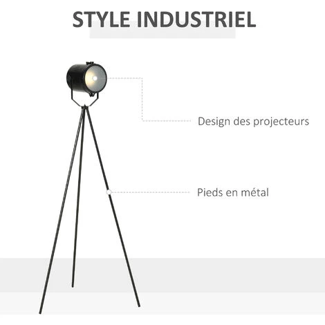 HOMCOM Lampadaire Trépied Style Industriel Orientation Projecteur Réglable Métal Noir - Noir 6 HOMCOM Lampadaire Trépied Style Industriel Orientation Projecteur Réglable Métal Noir - Noir – Image 4
