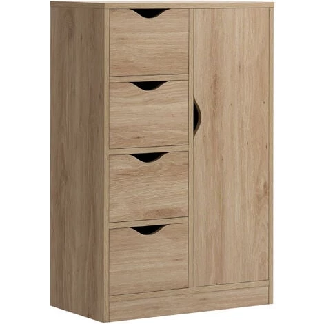 HOMCOM Meuble De Rangement Moderne 1 Porte 4 Tiroirs - Panneaux Particules Aspect Chêne Clair - Beige 3 HOMCOM Meuble De Rangement Moderne 1 Porte 4 Tiroirs - Panneaux Particules Aspect Chêne Clair - Beige
