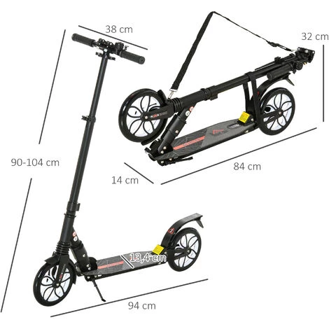 HOMCOM Trottinette Pliable Pour Adulte Enfant à Partir 14 Ans Dim. 94L X 38l X 90-104H Cm Hauteur Guidon Réglable Suspensions AV AR Roues PU Alu. Noir 5 HOMCOM Trottinette Pliable Pour Adulte Enfant à Partir 14 Ans Dim. 94L X 38l X 90-104H Cm Hauteur Guidon Réglable Suspensions AV AR Roues PU Alu. Noir – Image 3