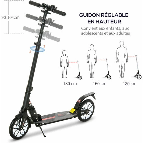 HOMCOM Trottinette Pliable Pour Adulte Enfant à Partir 14 Ans Dim. 94L X 38l X 90-104H Cm Hauteur Guidon Réglable Suspensions AV AR Roues PU Alu. Noir 7 HOMCOM Trottinette Pliable Pour Adulte Enfant à Partir 14 Ans Dim. 94L X 38l X 90-104H Cm Hauteur Guidon Réglable Suspensions AV AR Roues PU Alu. Noir – Image 5