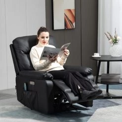 HOMCOM Fauteuil De Relaxation Et Massage électrique Dossier Inclinable Port USB Poches Latérales Revêtement Synthétique Noir - Noir -France HOMCOM Soldes 2022 54127708 4
