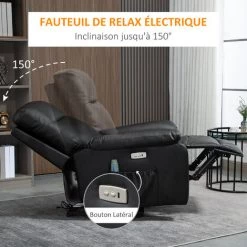 HOMCOM Fauteuil De Relaxation Et Massage électrique Dossier Inclinable Port USB Poches Latérales Revêtement Synthétique Noir - Noir -France HOMCOM Soldes 2022 54127708 5