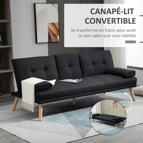 HOMCOM Canapé Convertible 3 Places Design Scandinave Inclinaison Dossier Réglable 3 Niveaux Dossier Centrale Rabattable 2 Porte-verres Bois Peuplier Polyester Anthracite 6 HOMCOM Canapé Convertible 3 Places Design Scandinave Inclinaison Dossier Réglable 3 Niveaux Dossier Centrale Rabattable 2 Porte-verres Bois Peuplier Polyester Anthracite – Image 4