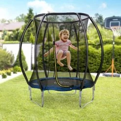 HOMCOM Trampoline Enfant Ø 2,25 × 2,35H M Filet De Sécurité Porte Zipée Couvre-ressorts 6 Poteaux Rembourrés Incurvés Bleu -France HOMCOM Soldes 2022 54817265 2