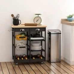 HOMCOM Chariot De Service Desserte De Cuisine à Roulettes Multi-rangements 74L X 37l X 76H Cm Plateau Bois Massif Pin Châssis MDF Noir - Noir -France HOMCOM Soldes 2022 55274195 2