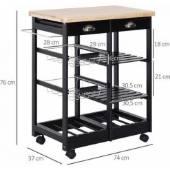 HOMCOM Chariot De Service Desserte De Cuisine à Roulettes Multi-rangements 74L X 37l X 76H Cm Plateau Bois Massif Pin Châssis MDF Noir - Noir -France HOMCOM Soldes 2022 55274195 3