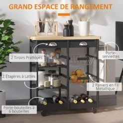 HOMCOM Chariot De Service Desserte De Cuisine à Roulettes Multi-rangements 74L X 37l X 76H Cm Plateau Bois Massif Pin Châssis MDF Noir - Noir -France HOMCOM Soldes 2022 55274195 4