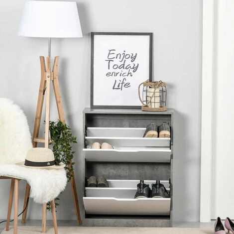 HOMCOM Armoire à Chaussures Meuble à Chaussures Dim. 62L X 26l X 81H Cm 2 Portes Abattantes Blanc Effet Béton Ciré 4 HOMCOM Armoire à Chaussures Meuble à Chaussures Dim. 62L X 26l X 81H Cm 2 Portes Abattantes Blanc Effet Béton Ciré – Image 2