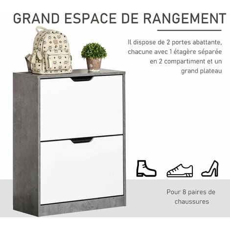 HOMCOM Armoire à Chaussures Meuble à Chaussures Dim. 62L X 26l X 81H Cm 2 Portes Abattantes Blanc Effet Béton Ciré 6 HOMCOM Armoire à Chaussures Meuble à Chaussures Dim. 62L X 26l X 81H Cm 2 Portes Abattantes Blanc Effet Béton Ciré – Image 4