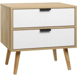 HOMCOM Chevet Table De Nuit Design Scandinave 2 Tiroirs Bois Pin Panneaux Particules Motif Chevrons Blanc Aspect Chêne Clair - Beige