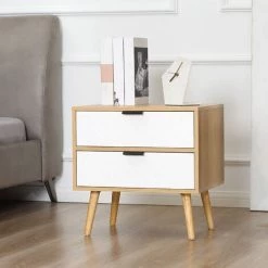 HOMCOM Chevet Table De Nuit Design Scandinave 2 Tiroirs Bois Pin Panneaux Particules Motif Chevrons Blanc Aspect Chêne Clair - Beige -France HOMCOM Soldes 2022 56840489 4