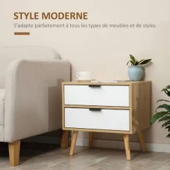 HOMCOM Chevet Table De Nuit Design Scandinave 2 Tiroirs Bois Pin Panneaux Particules Motif Chevrons Blanc Aspect Chêne Clair - Beige -France HOMCOM Soldes 2022 56840489 5