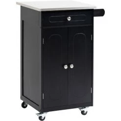 HOMCOM Desserte De Cuisine Multi-rangements 1 Tiroir Placard 2 Portes Avec étagère Porte-torchons MDF Noir Acier Inox.