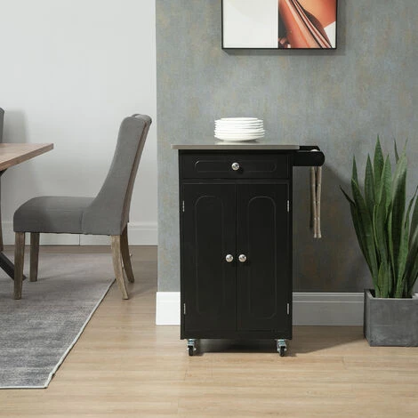 HOMCOM Desserte De Cuisine Multi-rangements 1 Tiroir Placard 2 Portes Avec étagère Porte-torchons MDF Noir Acier Inox. 4 HOMCOM Desserte De Cuisine Multi-rangements 1 Tiroir Placard 2 Portes Avec étagère Porte-torchons MDF Noir Acier Inox. – Image 2