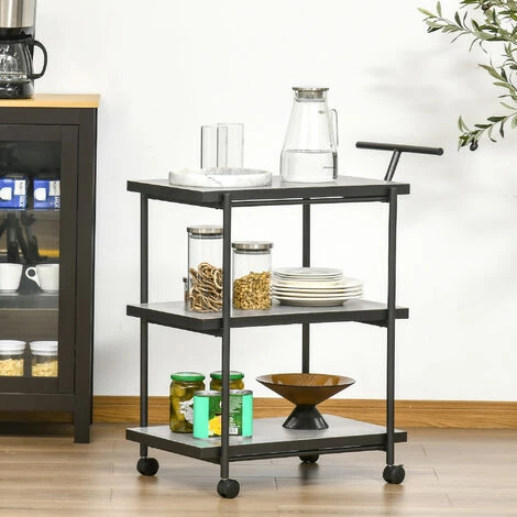 HOMCOM Desserte Chariot De Cuisine à Roulettes 3 Niveaux - Dim. 70L X 40l X 83H Cm - Métal Noir MDF Effet Béton Ciré 4 HOMCOM Desserte Chariot De Cuisine à Roulettes 3 Niveaux - Dim. 70L X 40l X 83H Cm - Métal Noir MDF Effet Béton Ciré – Image 2