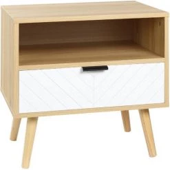 HOMCOM Chevet Table De Nuit Design Scandinave Tiroir + Niche Bois Pin Panneaux Particules Motif Chevrons Blanc Aspect Chêne Clair - Beige