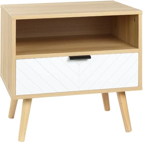 HOMCOM Chevet Table De Nuit Design Scandinave Tiroir + Niche Bois Pin Panneaux Particules Motif Chevrons Blanc Aspect Chêne Clair - Beige 3 HOMCOM Chevet Table De Nuit Design Scandinave Tiroir + Niche Bois Pin Panneaux Particules Motif Chevrons Blanc Aspect Chêne Clair - Beige