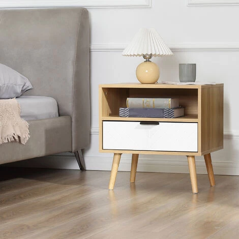 HOMCOM Chevet Table De Nuit Design Scandinave Tiroir + Niche Bois Pin Panneaux Particules Motif Chevrons Blanc Aspect Chêne Clair - Beige 4 HOMCOM Chevet Table De Nuit Design Scandinave Tiroir + Niche Bois Pin Panneaux Particules Motif Chevrons Blanc Aspect Chêne Clair - Beige – Image 2