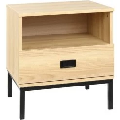 HOMCOM Table De Chevet Table De Nuit Style Industriel Tiroir Niche Poignée Piètement Métal Noir Panneaux Particules Aspect Bois De Chêne Clair - Beige