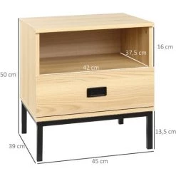 HOMCOM Table De Chevet Table De Nuit Style Industriel Tiroir Niche Poignée Piètement Métal Noir Panneaux Particules Aspect Bois De Chêne Clair - Beige -France HOMCOM Soldes 2022 56841957 3