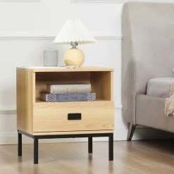 HOMCOM Table De Chevet Table De Nuit Style Industriel Tiroir Niche Poignée Piètement Métal Noir Panneaux Particules Aspect Bois De Chêne Clair - Beige -France HOMCOM Soldes 2022 56841957 4