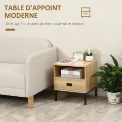 HOMCOM Table De Chevet Table De Nuit Style Industriel Tiroir Niche Poignée Piètement Métal Noir Panneaux Particules Aspect Bois De Chêne Clair - Beige -France HOMCOM Soldes 2022 56841957 5