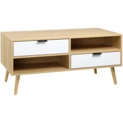 HOMCOM Table Basse Rectangulaire Design Scandinave 3 Niches 2 Tiroirs Coulissants Façades Chevrons Blanc Aspect Chêne Clair